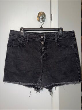 High-Rise Black Denim Jean Shorts with Raw Hem